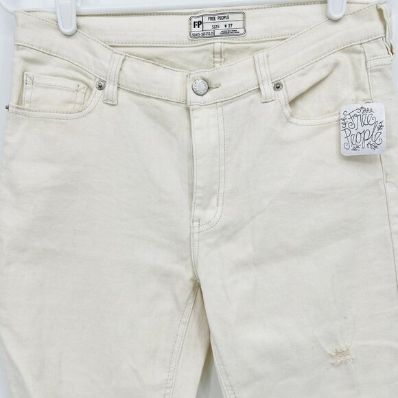 NWT Free People Women's Ivory Jeans Size 27 Distressed Fringe Frayed Hem Stretch - Picture 4 of 11